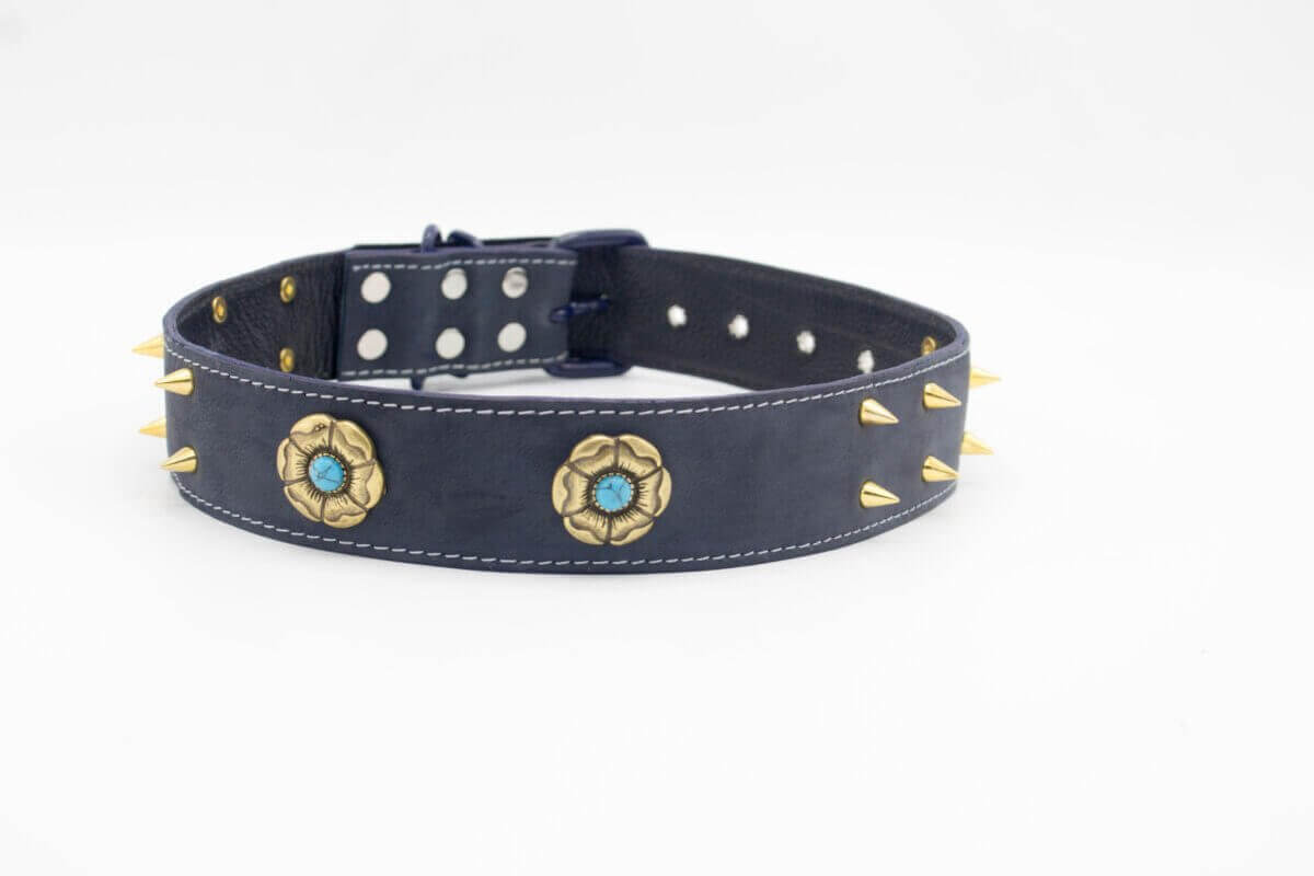 Golden Flower Dog Collar | Genghis Turquoise Queen Stud Leather Collar/ Designer dog collars